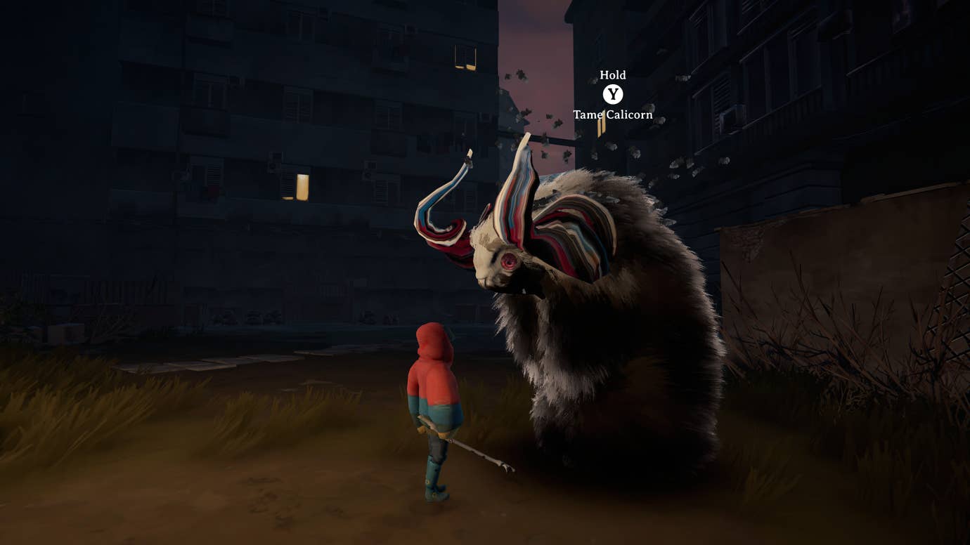 A young boyish figure with a staff looking up to a towering goatlike creature in Herdling, at night time in a city.